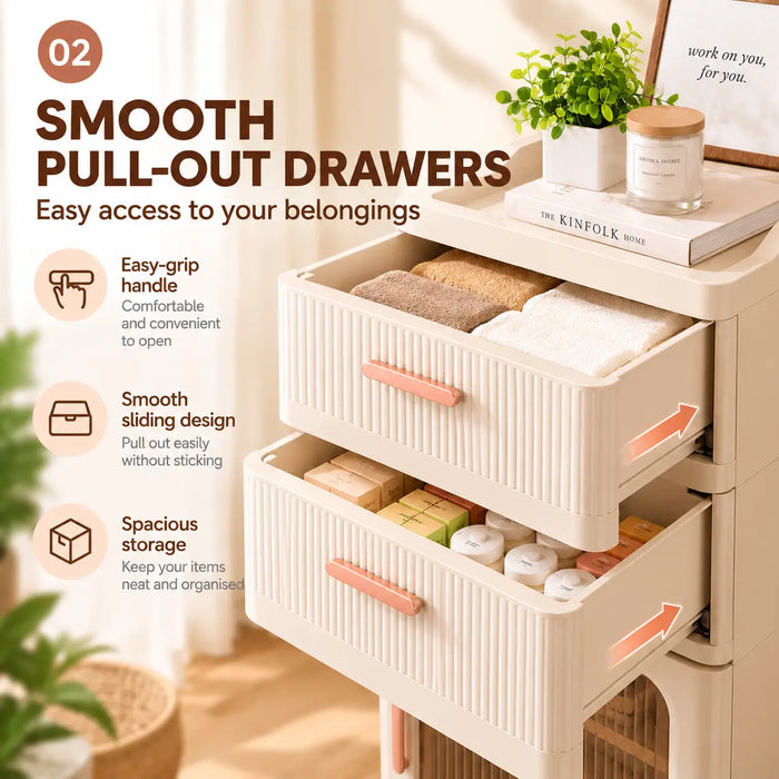 Storage cabinet with smooth pull-out drawers for organised household storage