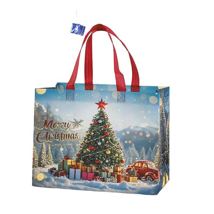 Blue Christmas tote bag with Christmas tree, presents and snowy winter scene