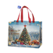 Blue Christmas tote bag with Christmas tree, presents and snowy winter scene