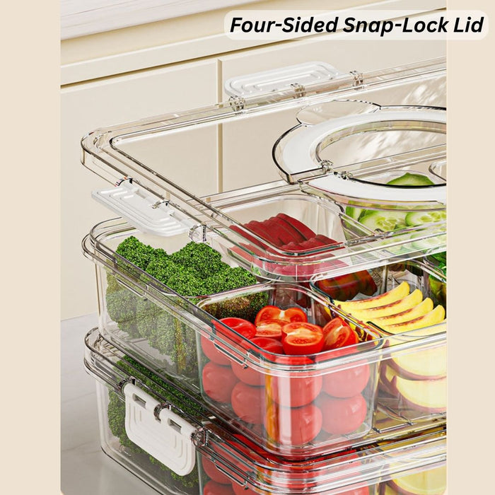 Kitchen storage container with four-sided snap-lock lid for airtight sealing