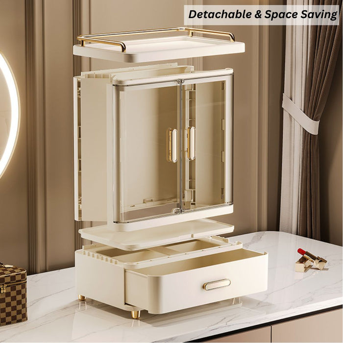 Detachable makeup organiser with modular drawer and cabinet design