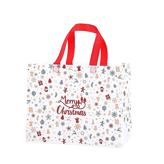 White Christmas tote bag with red handles and colourful Christmas icon pattern featuring snowflakes, gifts, candy canes, ornaments, Santa Claus, stars and Christmas trees