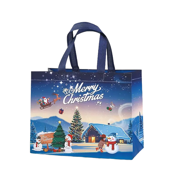 Navy blue Christmas tote bag featuring a snowy winter village, Christmas tree, snowmen and Santa in a sleigh