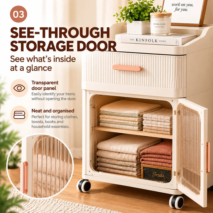 Storage cabinet with transparent storage door for easy visibility of clothes and household items