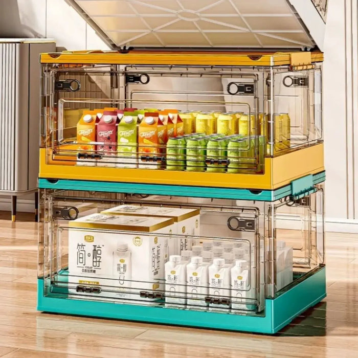 Stackable foldable storage boxes with open lids for storing drinks and household items