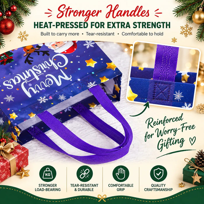 Christmas tote bag with reinforced heat-pressed handles for extra strength and durability
