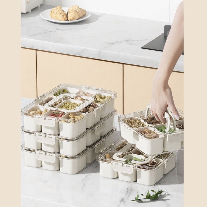 Stacked compartment storage containers with foldable carry handle feature