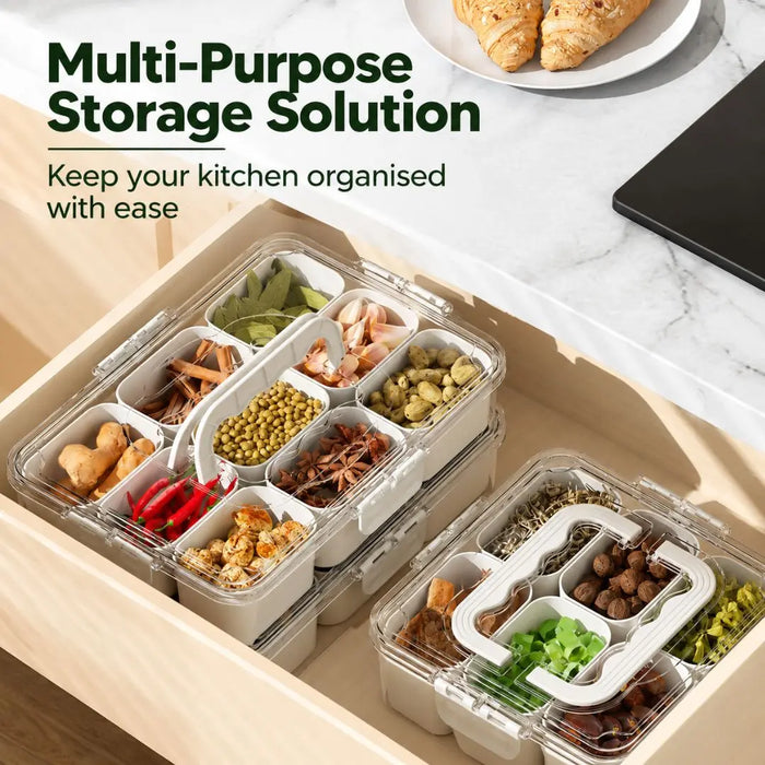 Meal prep containers in 6- and 9-compartment sizes for organised kitchen and ingredient storage