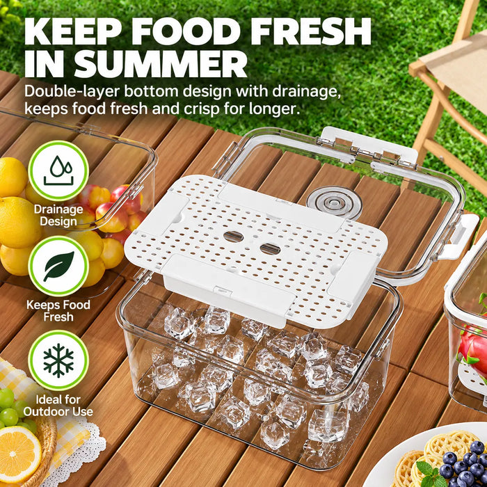 Fridge storage container with drainage tray for fresh fruit and vegetables