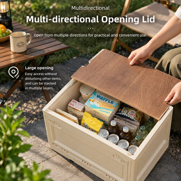 Camping storage box with removable wood-look top for easy access to stored items