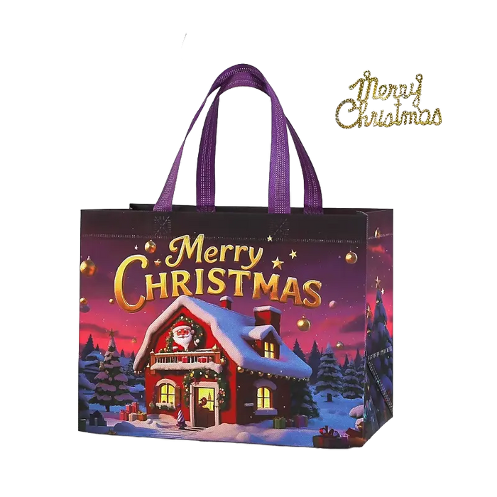 Purple Christmas tote bag featuring a snow-covered Christmas cottage, Santa and snowy winter village