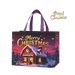 Purple Christmas tote bag featuring a snow-covered Christmas cottage, Santa and snowy winter village