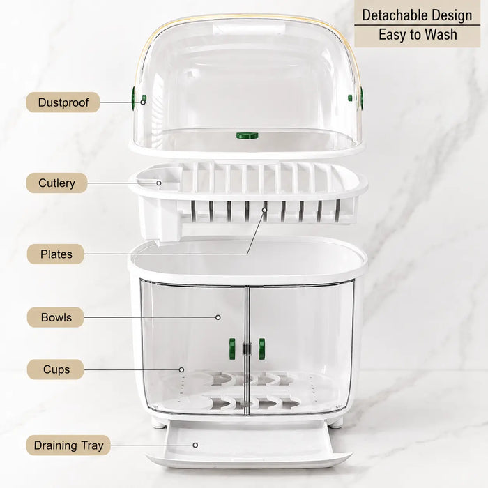 Two tier dish rack with detachable components and removable drainage tray for easy cleaning