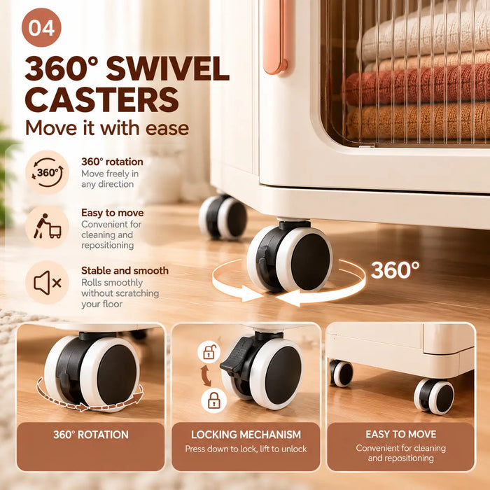 Storage cabinet with 360-degree swivel wheels and locking casters
