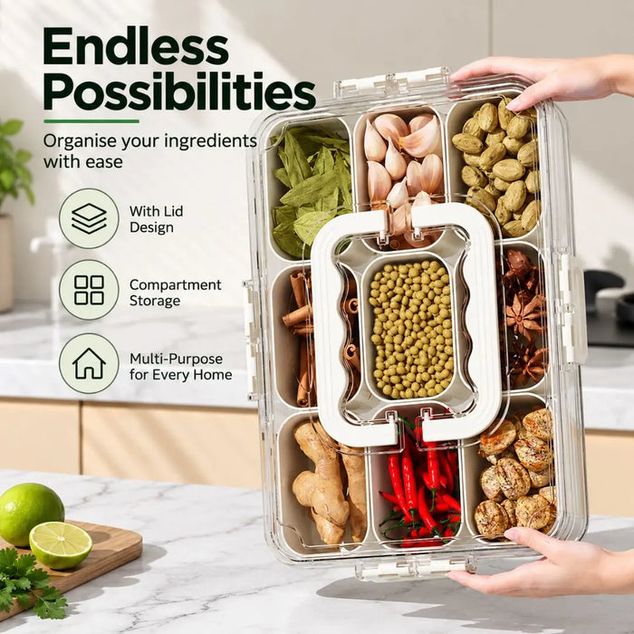 Meal prep container with removable compartments and transparent lid