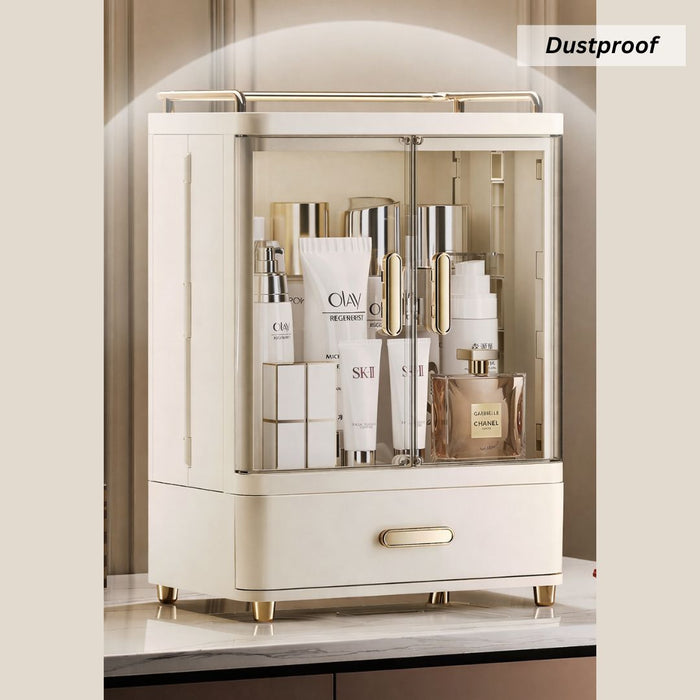 Modern makeup organiser cabinet with enclosed beauty storage system