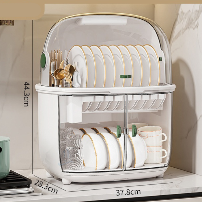 Transparent 2 Tier Dish Rack with dimensions showing compact countertop dish drying storage