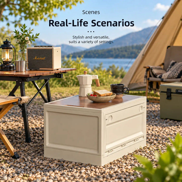 Outdoor camping storage box with tabletop for camping and outdoor living