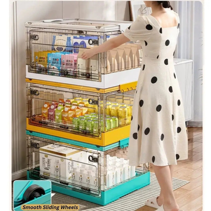 Stackable collapsible storage boxes with smooth sliding wheels for easy movement