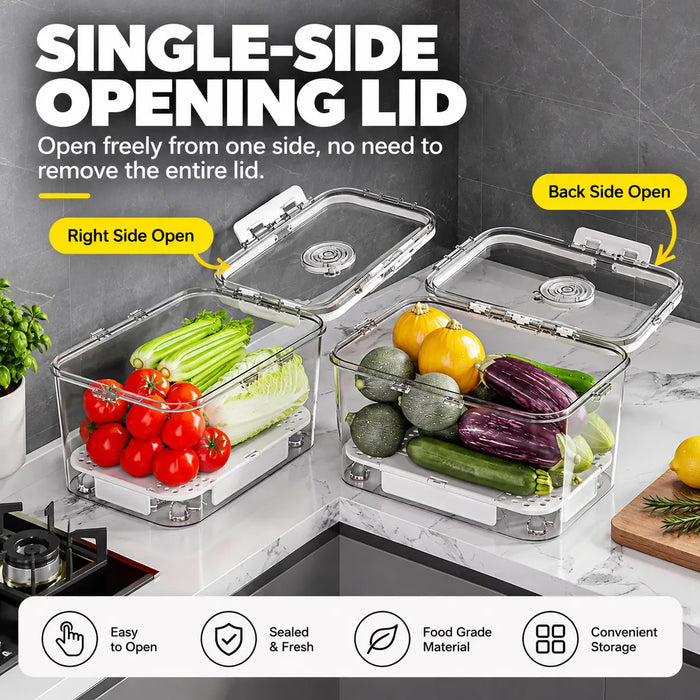 Fridge storage container with single-side opening lid for easy access