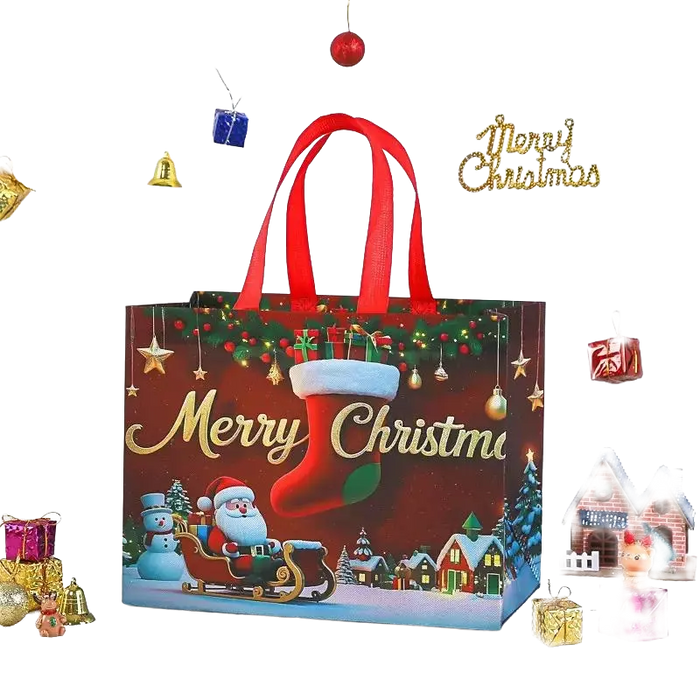 Red Christmas tote bag featuring Santa in a sleigh, snowman, Christmas stocking and snowy village houses