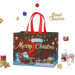 Red Christmas tote bag featuring Santa in a sleigh, snowman, Christmas stocking and snowy village houses