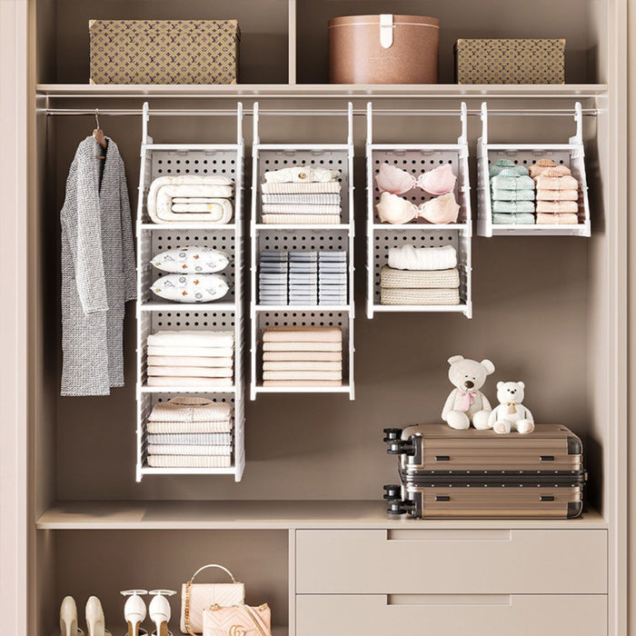 Multiple Modular Wardrobe Storage Shelf units installed for organised clothes storage