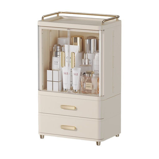 Gold-plated makeup drawer organiser with transparent doors and storage drawers