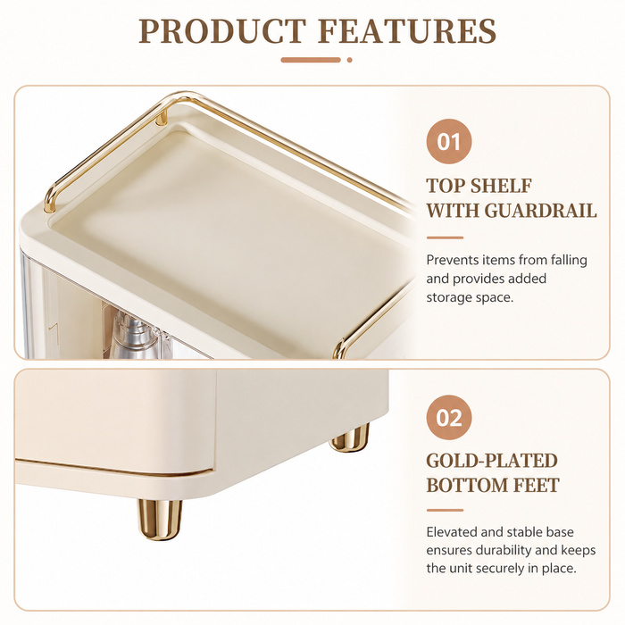 Cream beige makeup organiser featuring a spacious top shelf with gold guardrails and elevated gold-plated bottom feet for added stability.