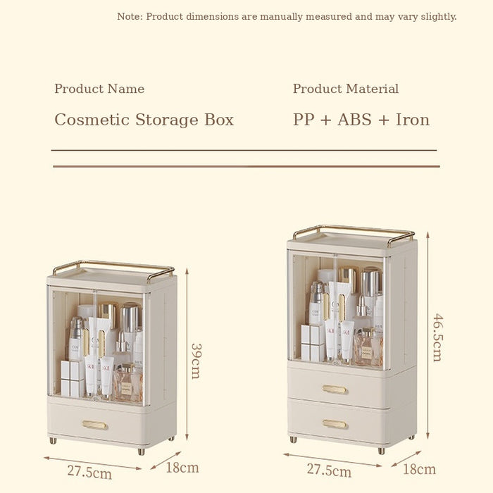 Product dimensions of the cosmetic storage box, showing two height options of 39 cm and 46.5 cm, both measuring 27.5 cm wide and 18 cm deep.