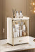 Cream beige makeup drawer organiser with 1 drawer, transparent doors, gold-accented handles and top guardrail, showing dimensions of 27.5 cm wide, 18 cm deep and 39 cm high.