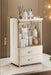 Cream beige makeup drawer organiser with 2 drawers, transparent double doors, gold-accented handles and top guardrail, showing dimensions of 27.5 cm wide, 18 cm deep and 46.5 cm high