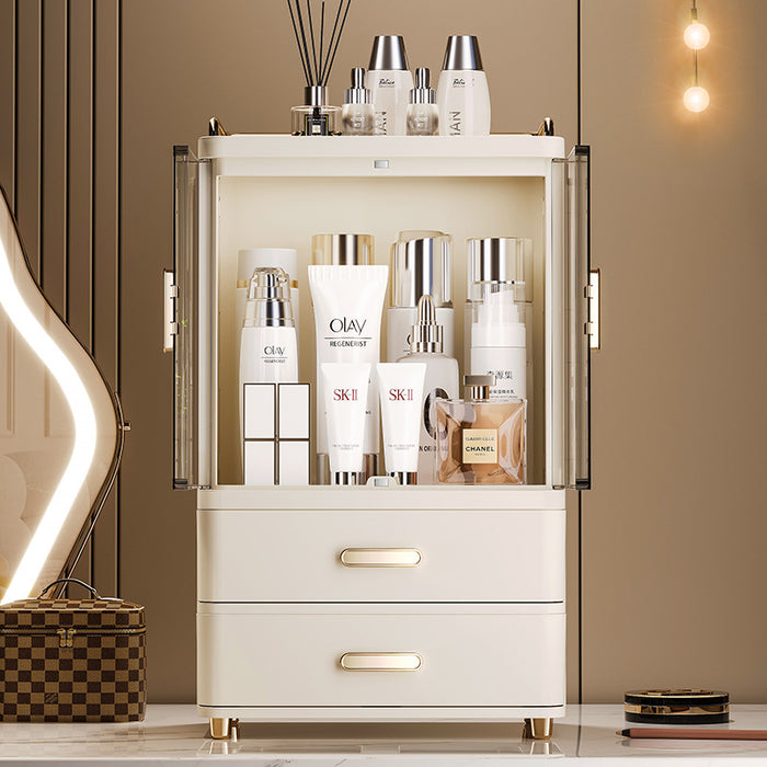 Makeup drawer organiser displaying skincare and beauty products behind clear doors