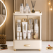 Elegant cream beige makeup drawer organiser with gold-plated handles and top storage shelf