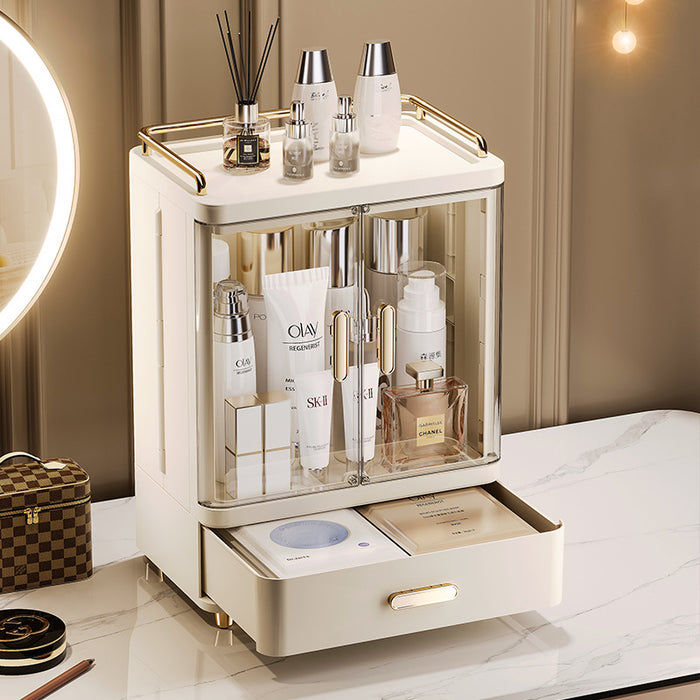 Makeup drawer organiser with pull-out drawer for organised cosmetics and beauty accessories
