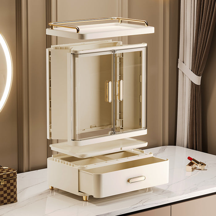 Makeup drawer organiser with foldable sections being assembled into a space-saving storage unit