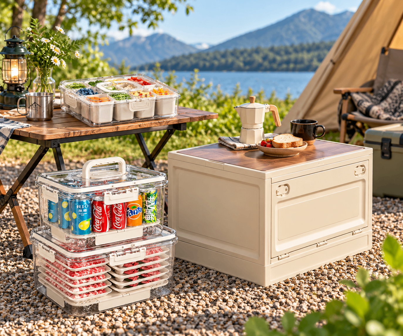 Camping storage box, picnic box and food containers arranged for outdoor dining and camping