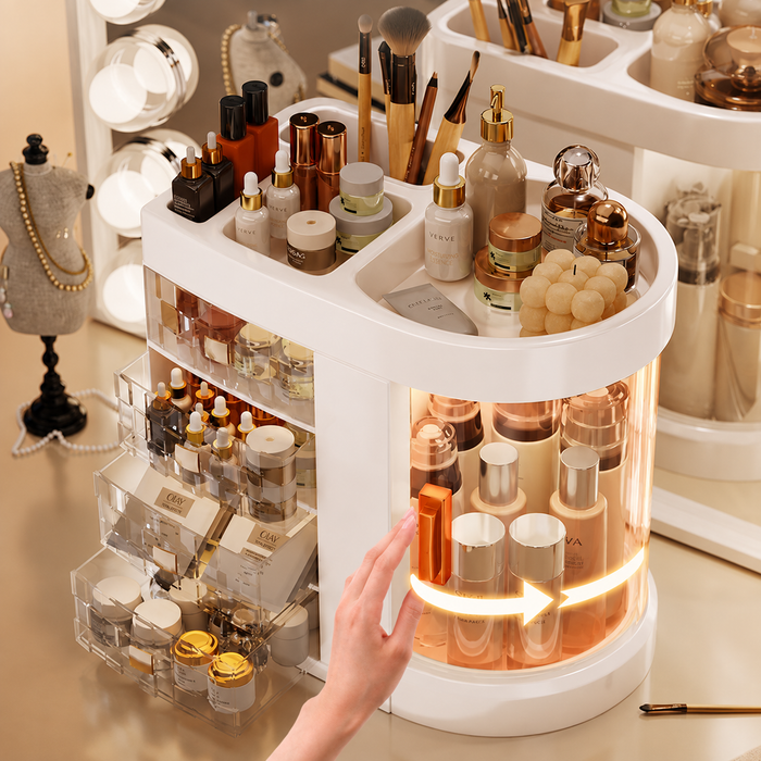 Cosmetic organiser with pull-out transparent drawers and rotating storage compartment for easy access to beauty products