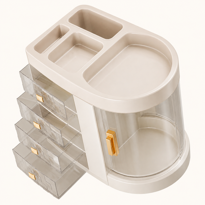 Large cosmetic organiser with separate compartments for makeup brushes, face cream, serums, sheet masks and skincare products