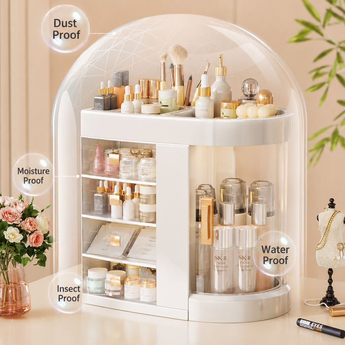 Dustproof cosmetic organiser with transparent drawers and enclosed waterproof storage for makeup, skincare and beauty products