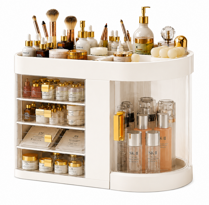 Large cosmetic organiser with multiple drawers, compartments and transparent rotating storage for makeup, skincare and beauty products