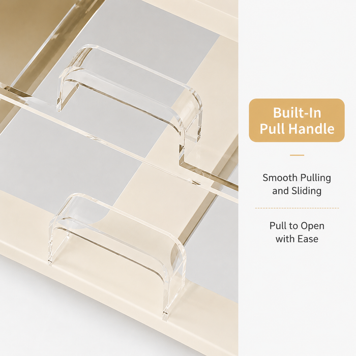 Close-up of built-in pull handles on makeup organiser storage drawers