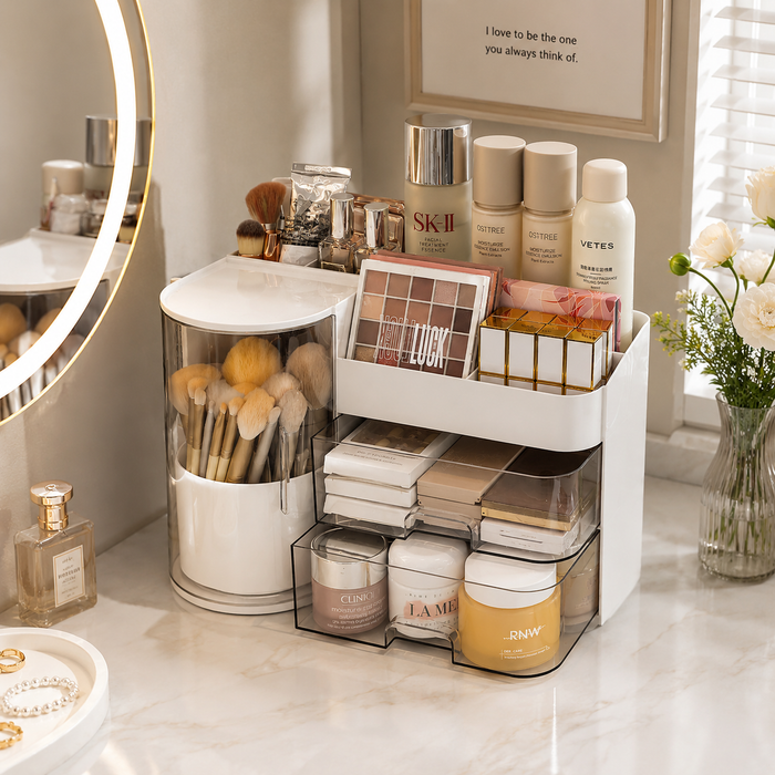 Makeup organiser with makeup brush holder displayed on a vanity table