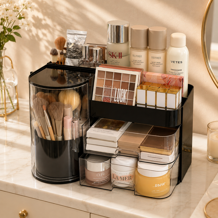 Black makeup organiser with makeup brush holder and clear storage drawers