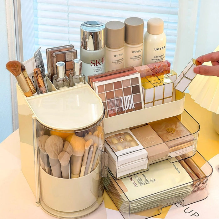Cream beige makeup organiser with makeup brush holder and pull-out cosmetic storage drawers