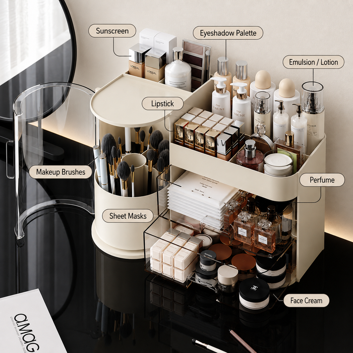 Makeup organiser with brush holder and separate compartments for cosmetics and skincare