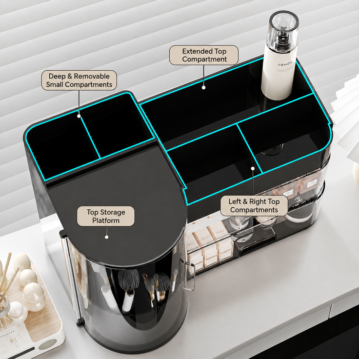 Top view of makeup organiser with deep removable compartments and extended storage platform