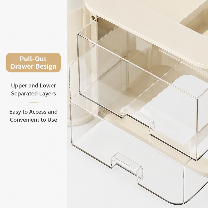 Makeup organiser with pull-out drawers and upper and lower storage layers