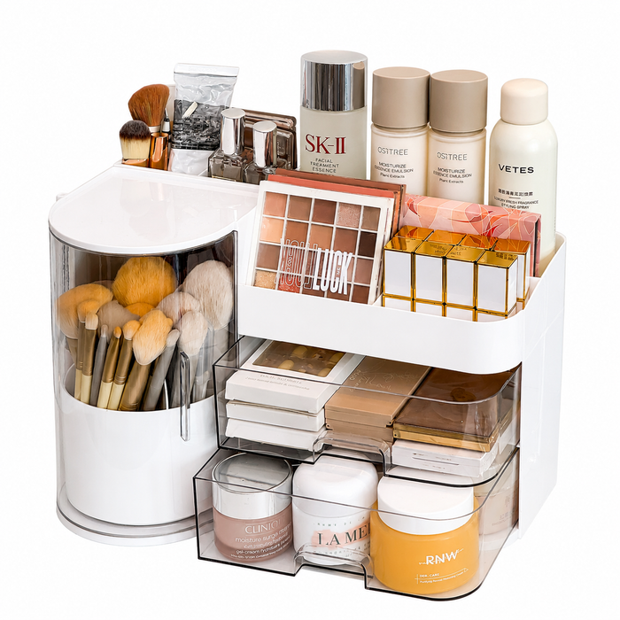 White makeup organiser with makeup brush holder and multiple storage compartments